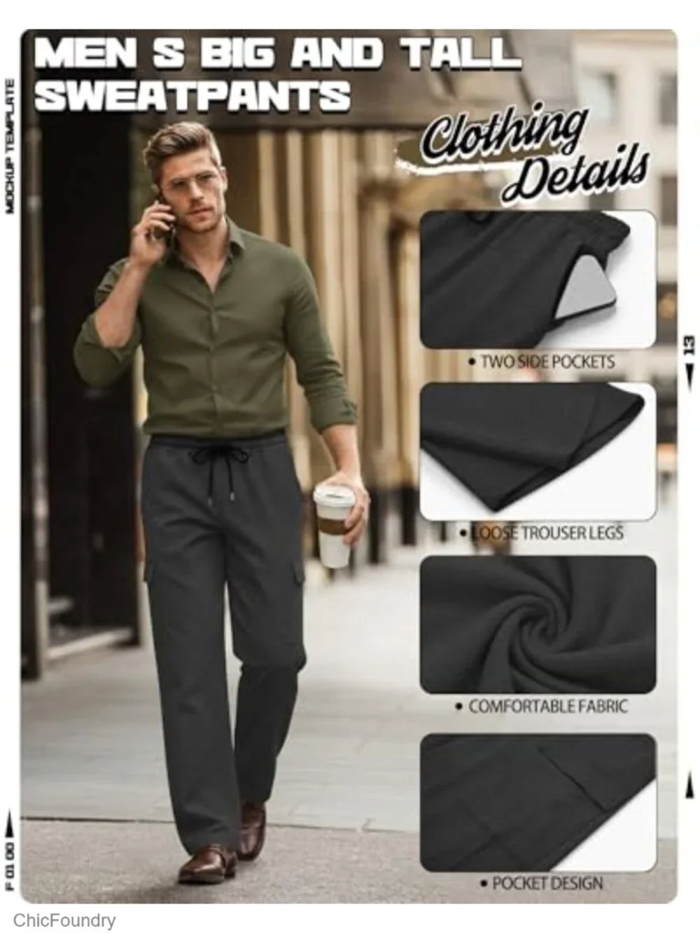 3 Pack Men's Baggy Cargo Sweatpants Wide Straight Leg Open Bottom Drawstring